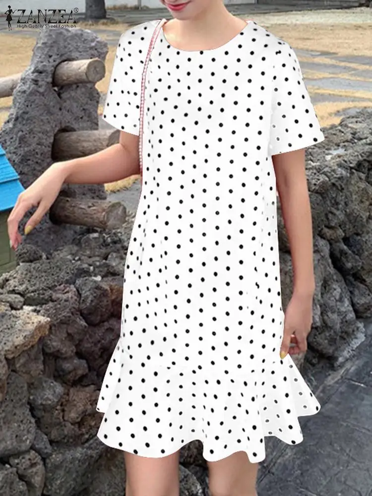 

ZANZEA Summer Polka Dots Printed Knee Length Ruffles Hem Sundress Streetwear Dress 2024 Vintage OL Work Short Sleeve Vestidos