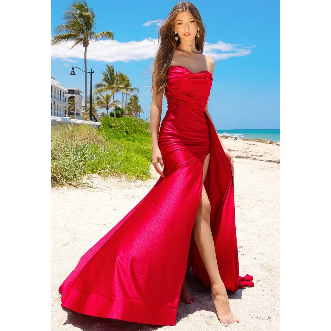 

Satin Strapless Evening Dresses Sweetheart A-line Backless High Slit Outdoor Party Gown Elegant Pleats Floor-Length Beach Dress