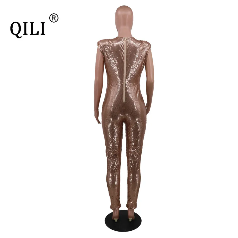 QILI-Women's Sequined Sleeveless Jumpsuit without Belt, Sexy, S-5XL, Hot Sale, New