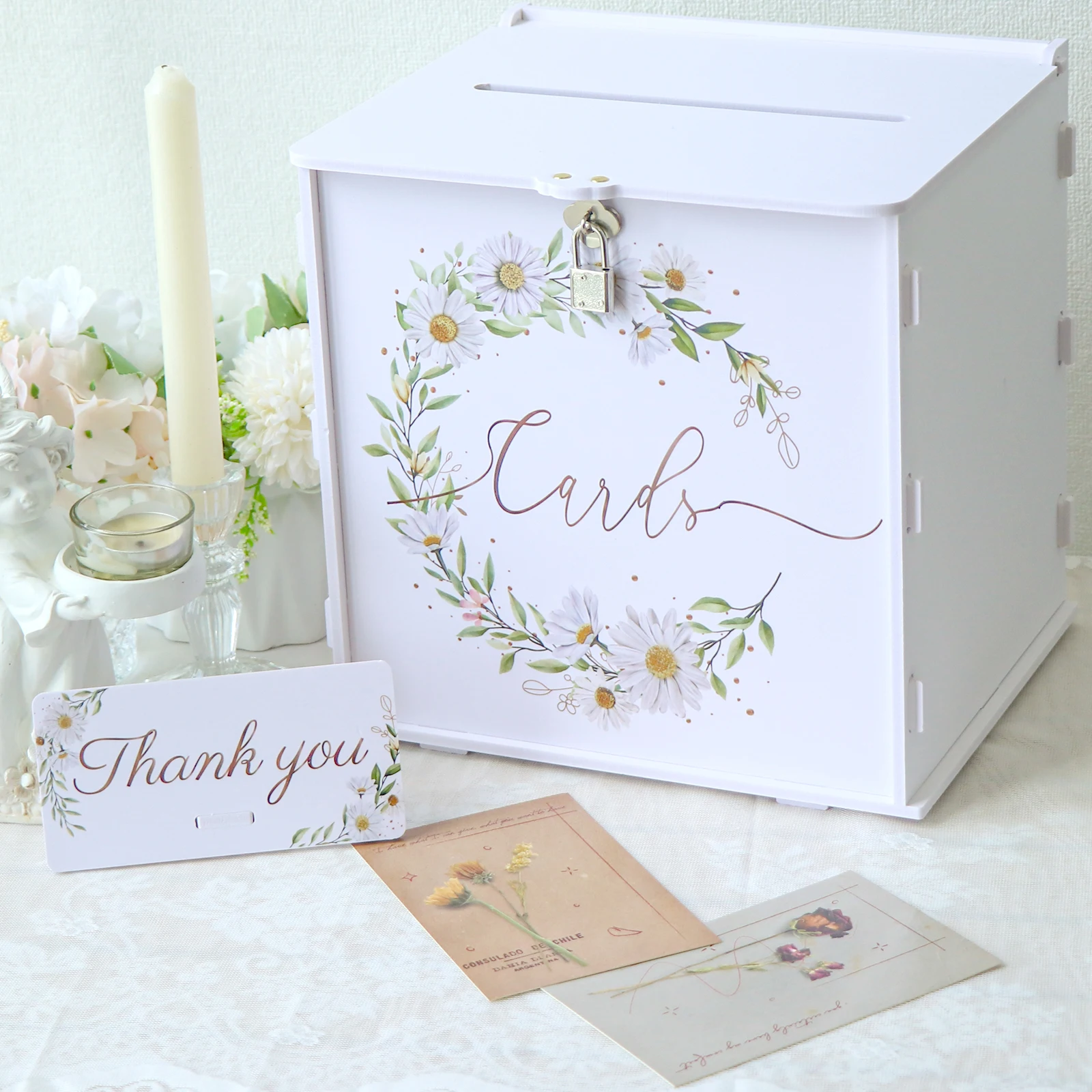 

OurWarm White Wedding Card Box with Lock PVC Gift Box for Wedding Reception Daisy Envelope Money Card Box for Baby Shower Decor