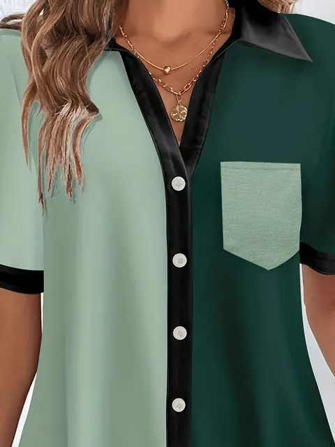 Plus Size Casual Blouse, Women's Plus Colorblock Button Up Short Sleeve Turn Down Collar Blouse 3
