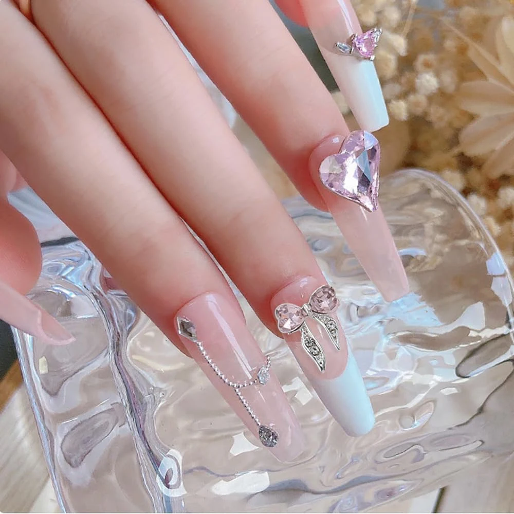 10Pcs Zircon Pink Nail Art Charms 3D Luxury Bow Heart Butterfly Inlaid Pink Diamond Rhinestone Decoration DIY Manicure Parts 4