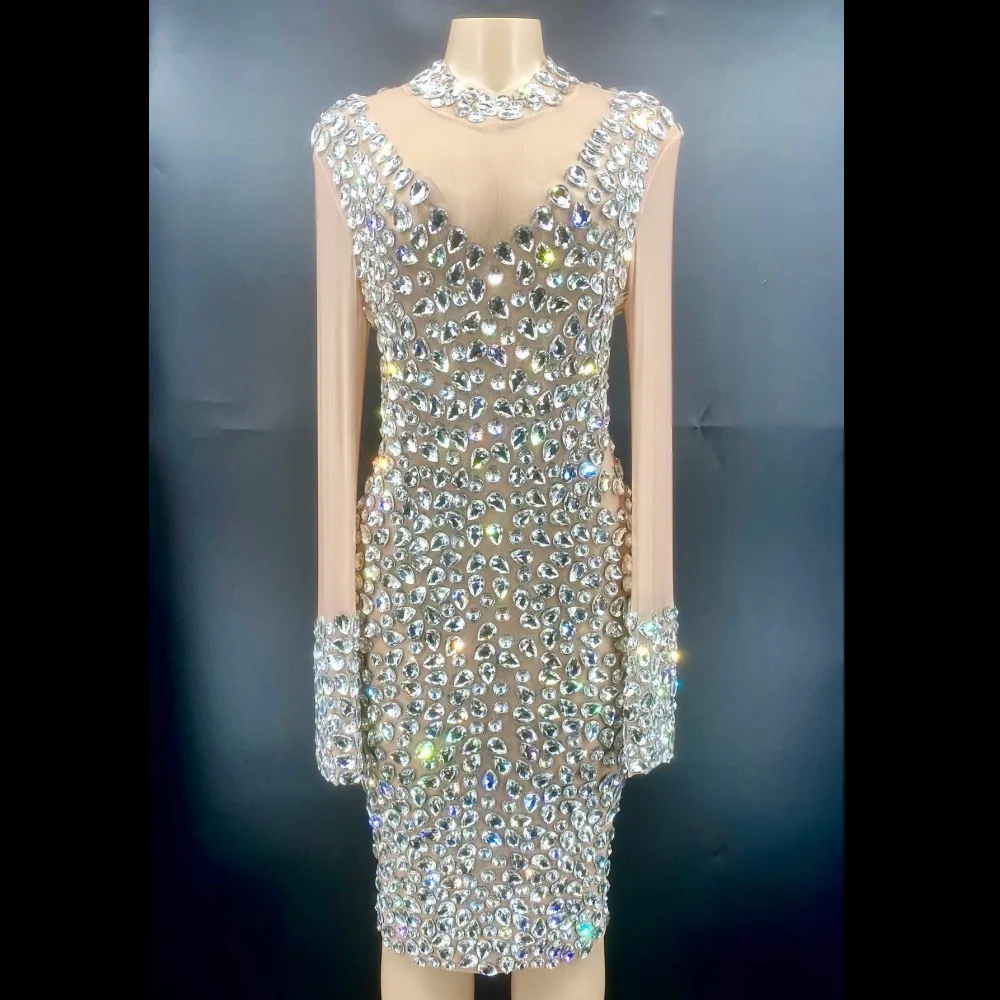 

2022 Nude Shining Crystal Sparkly Rhinestones Long Sleeve Women Dress Evening Party Club Clothing Stage Singer Perform Costume