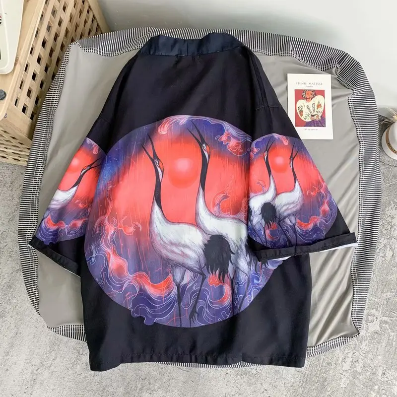 Men's Women's Kimono Cardigan Jacket Print Crow Kimono Haori Yukata Japanese Shirt Samurai Clothes Plus Size Men Clothing
