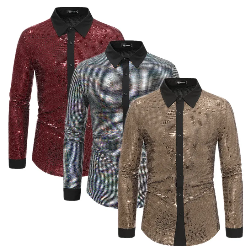 Description Picture 4 of itemSummer New Men Shiny Long-sleeved Loose Shirt Fashion Singer Stage Performance Lapel Dress Tops