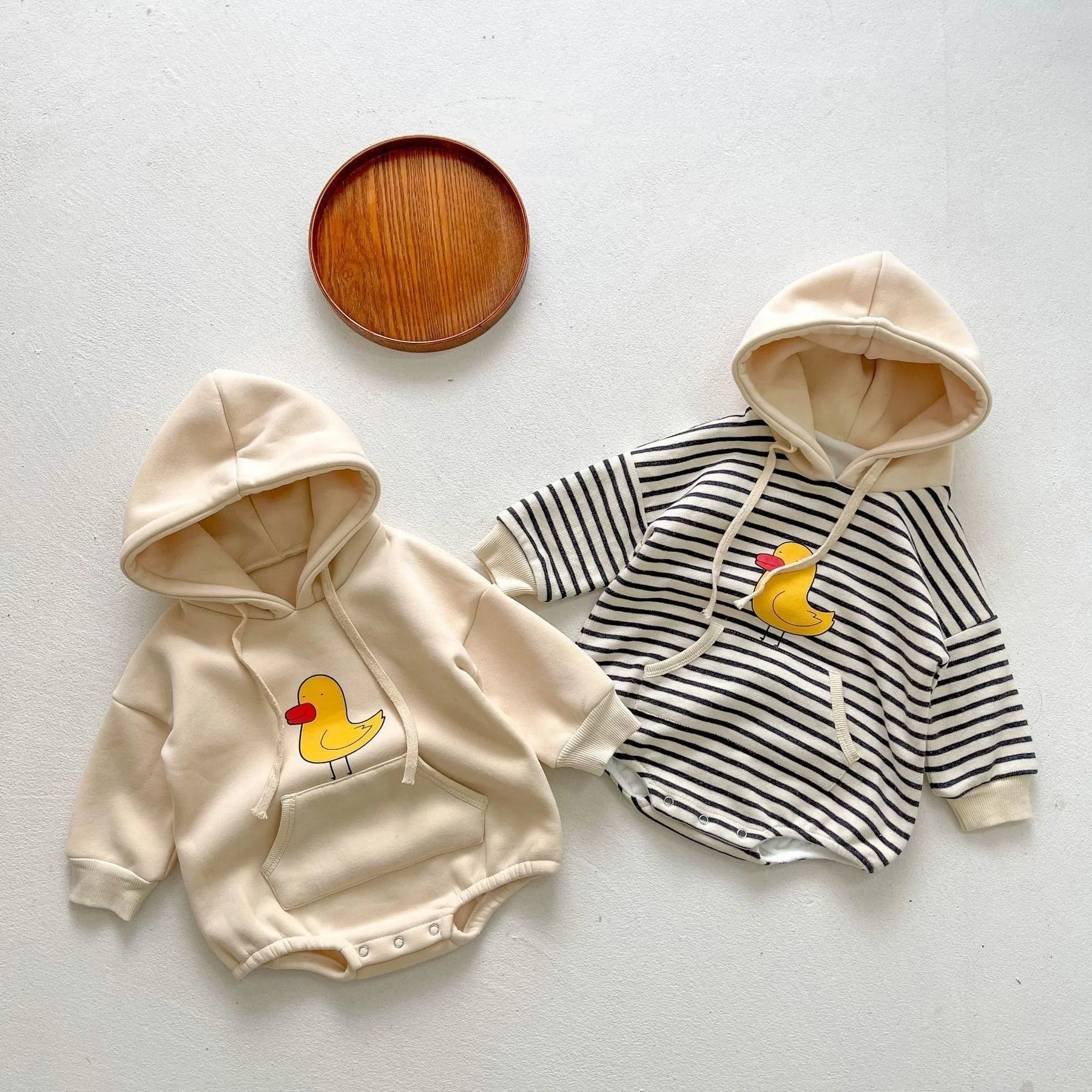 Koodykids Autumn Baby Girls Boys Striped Hooded Bodysuits Toddler Boys Rompers Duck Printed Long Sleeve Thick Bodysuits Winter best Baby Bodysuits