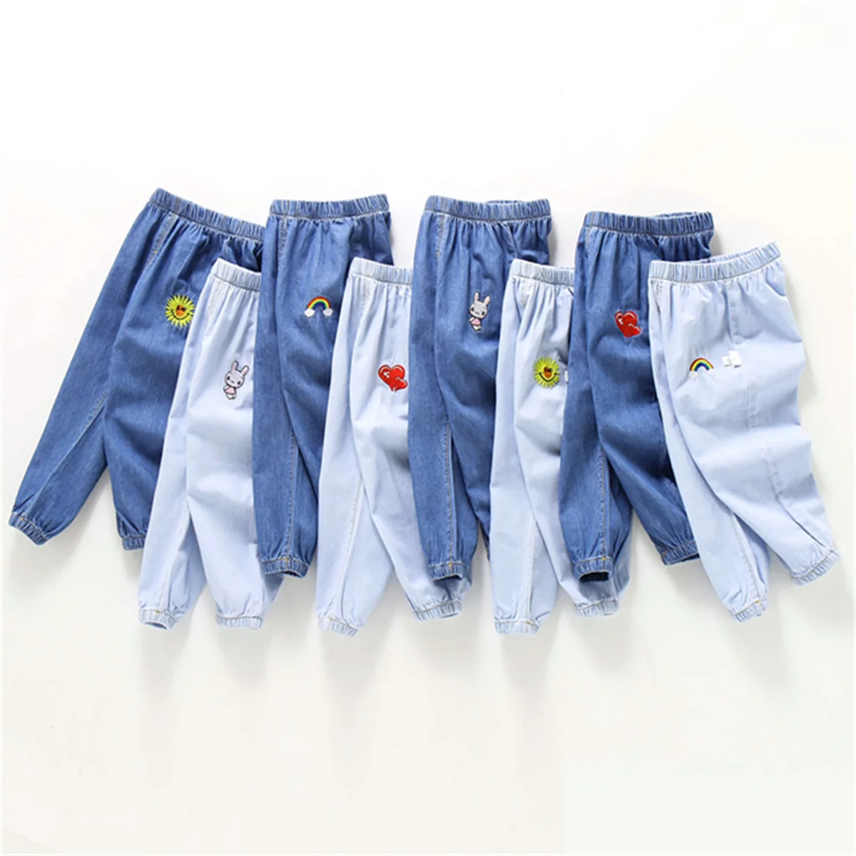 Children'S Jeans Baby Four Seasons Outwear Casual Pants Embroidered Simple Versatile Elastic Waist Sports Wear