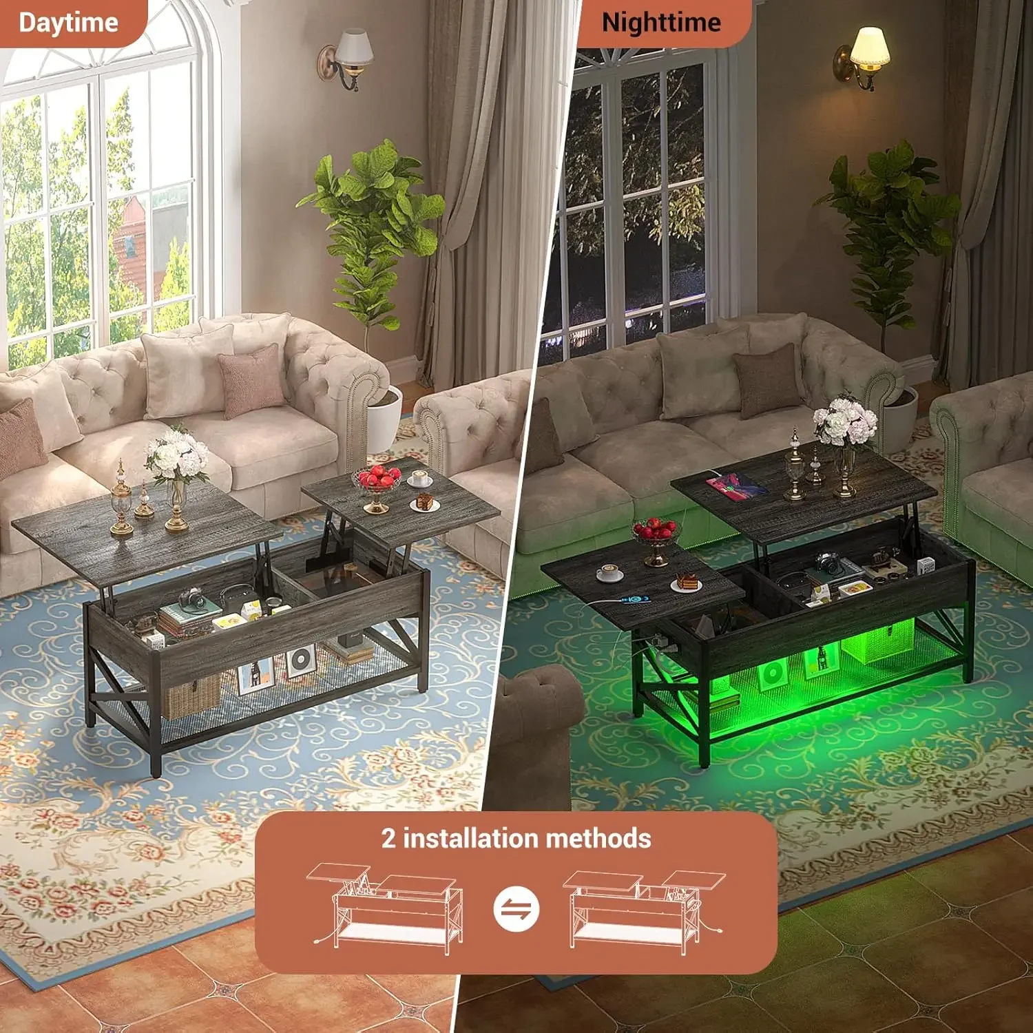 Coffee Table,Lift Top Coffee Table with Storage,LED Light&Power Outlet and Hidden Compartment,Retro Center Table for Living Room 4