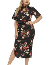 

Plus Size Elegant Women Cheongsam Dress Chinese Style Short Sleeve Floral Print Slit Midi Dress Women Clothing Waist Belt 2022