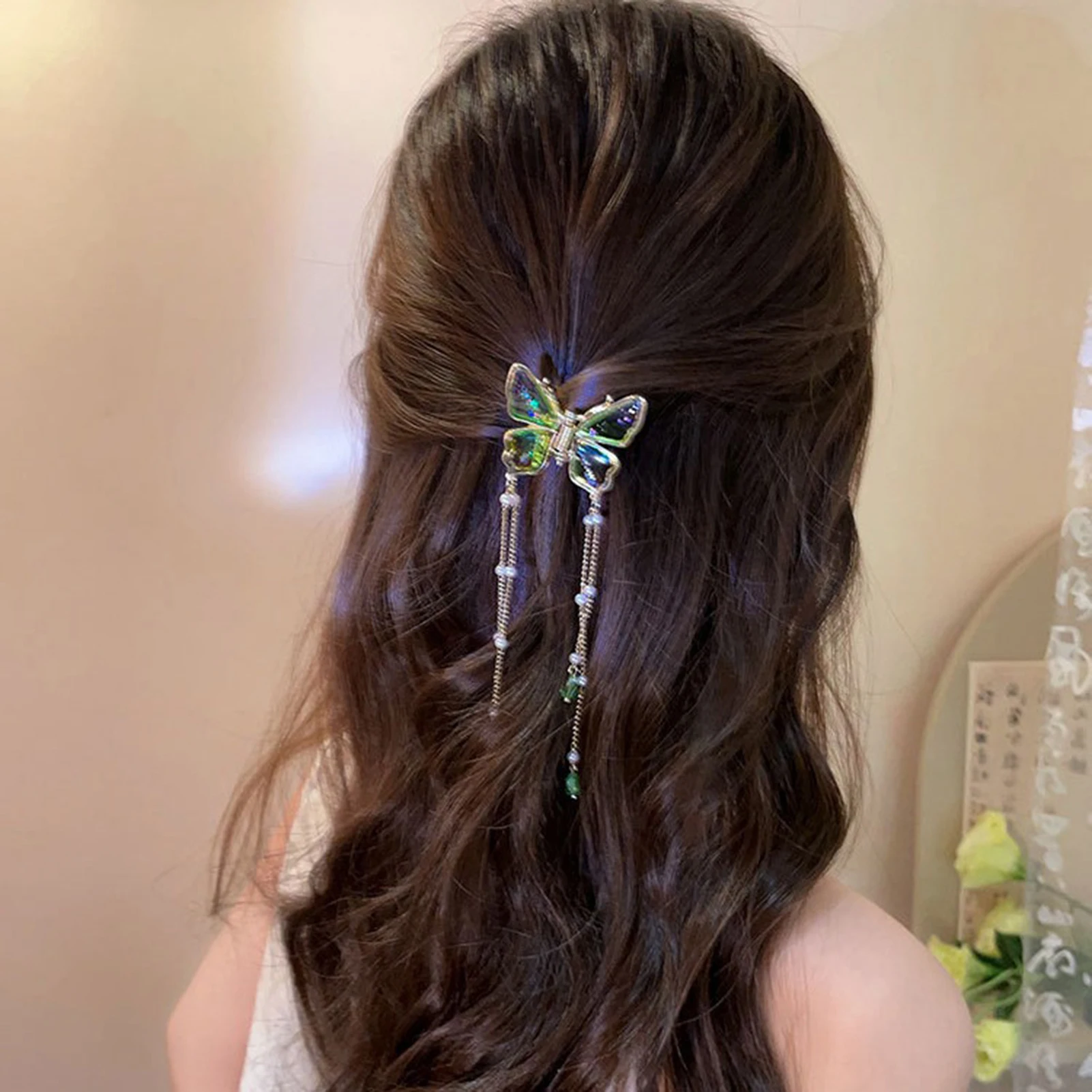 Elegant Gradient Butterfly Hair Claw with Pearl Tassel