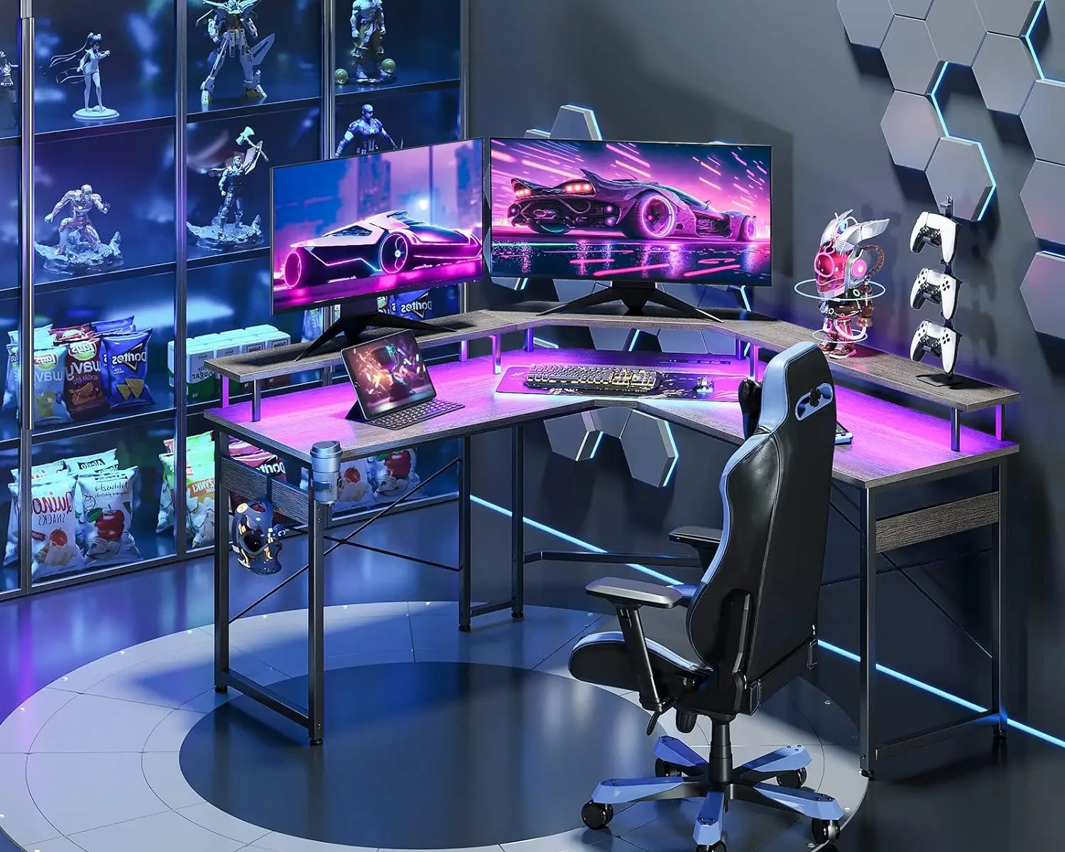 Shaped Gaming Desk with LED Lights & Power Outlets, 51