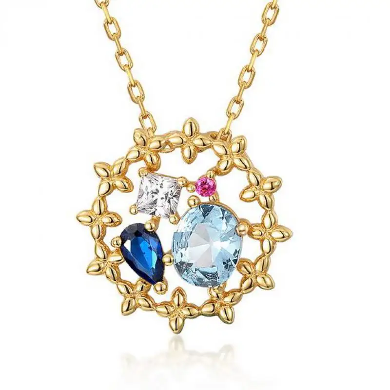 

Women Spinel Necklace S925 Sterling Silver 9k Gold Plated Zircon Ruby Blue Spinel Gemstone Flower Basket Pendant Necklaces