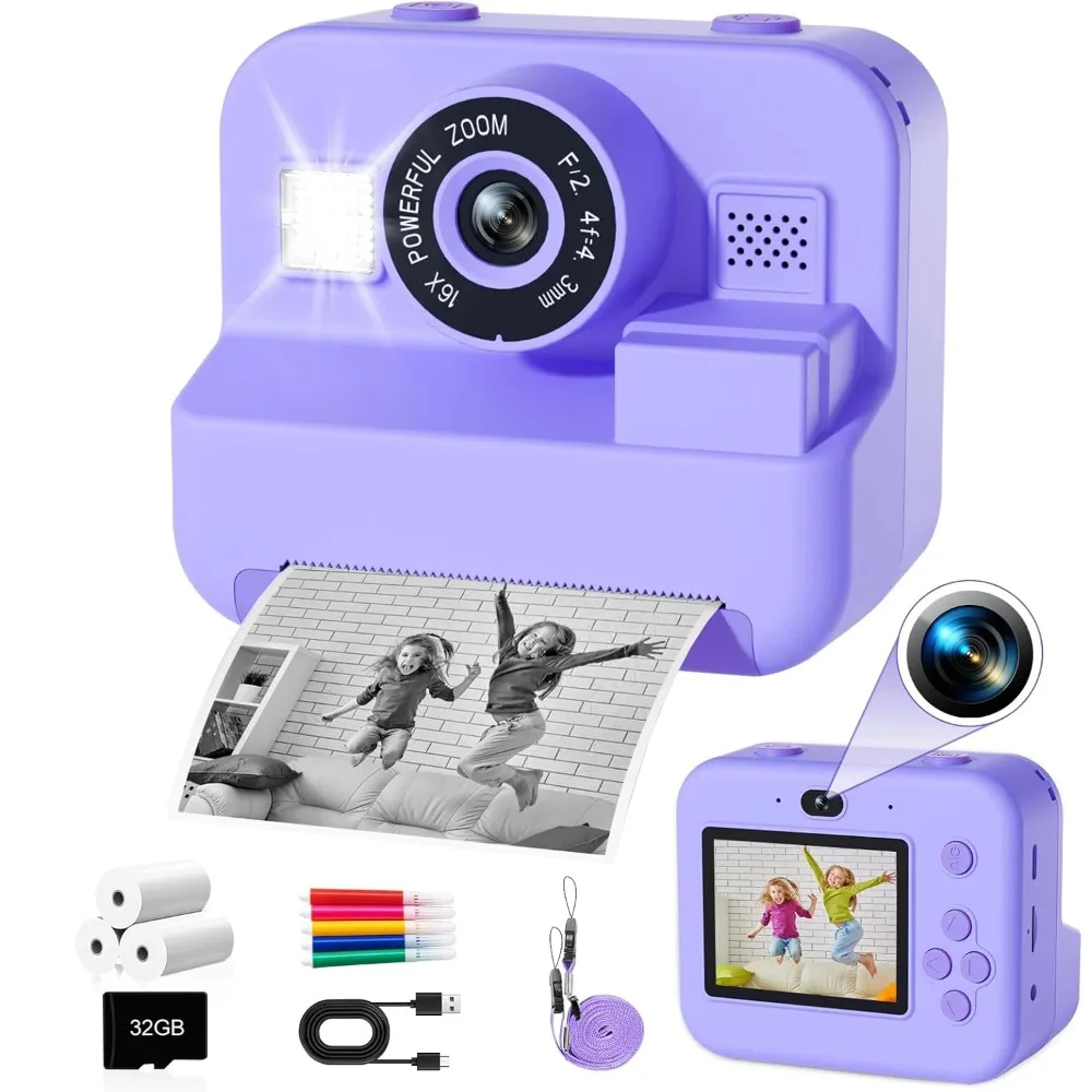 Educational Thermal Instant Print Camera With 32G Card, 1080P Children Mini Digital Video Camera For Kids Learning Development_voghion.com