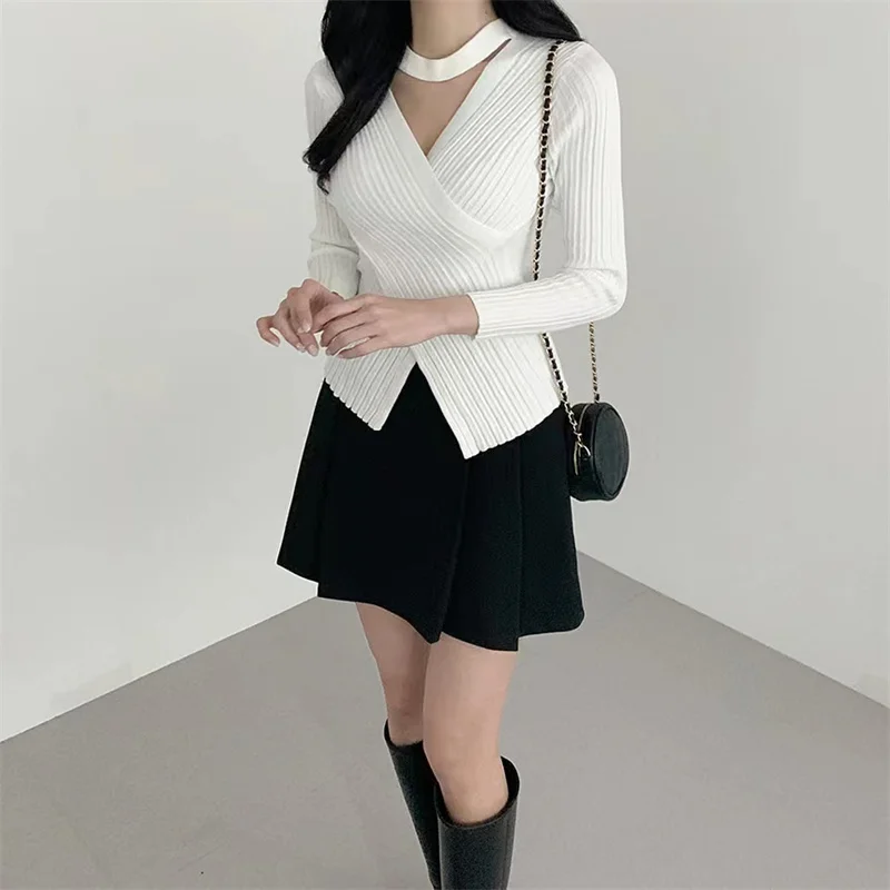 

Korean Autumn Winter Cross V-neck Design Knitted Jumpers Women's All-match Hanging Neck Irregular Slim Elastic Crop Tops T051