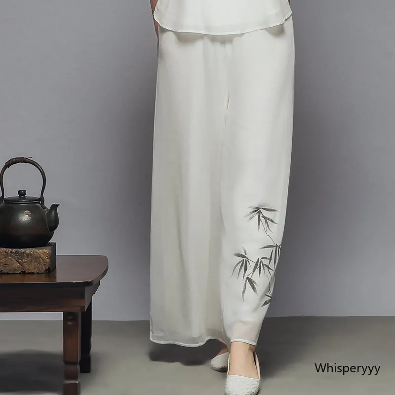 Double-layer Chinese Style Casual Chiffon Wide-leg Pants Women Trousers Summer Chinese Retro National Zen Yoga Skirt Pants