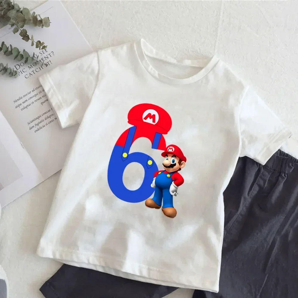 슈퍼 마리오 티셔츠 애니메이션 생일 행운의 숫자 프린트 티셔츠 귀여운 아동 의류 탑  티셔츠 캐주얼 의류 탑 티셔츠