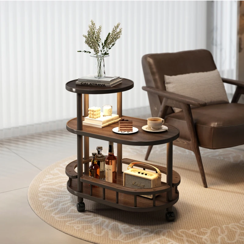 Mid-Century Mobile Side Table Multi-Functional Rolling Cart for Living Room Vintage End Table Storage Coffee with Shelves