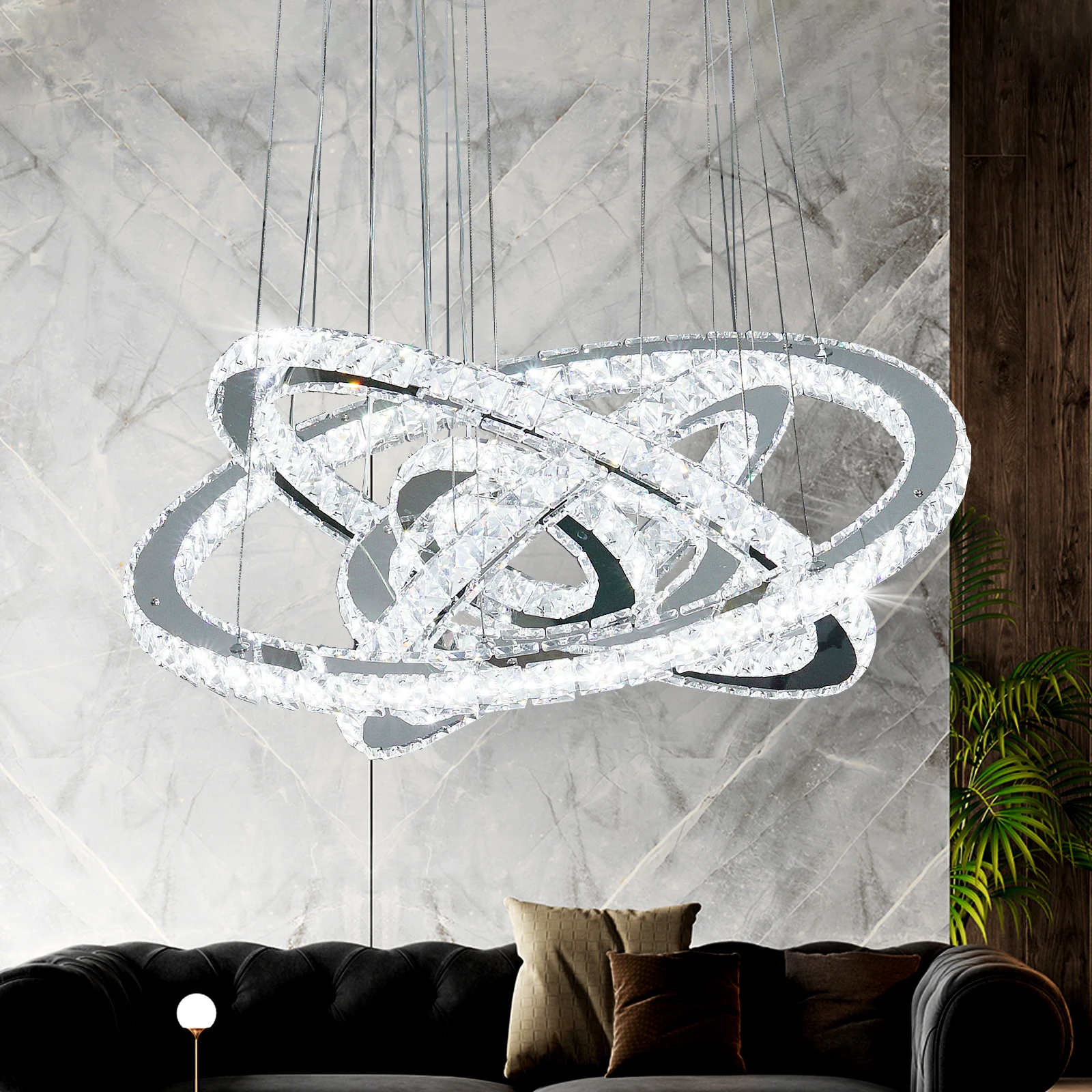 round chandelier Luxury Diamond 5 Rings Circle Crystal LED Chandelier Lighting Fixture Crystal Pendant Hanging Lamp Stair Hall Dimming Lustres chandelier ceiling light