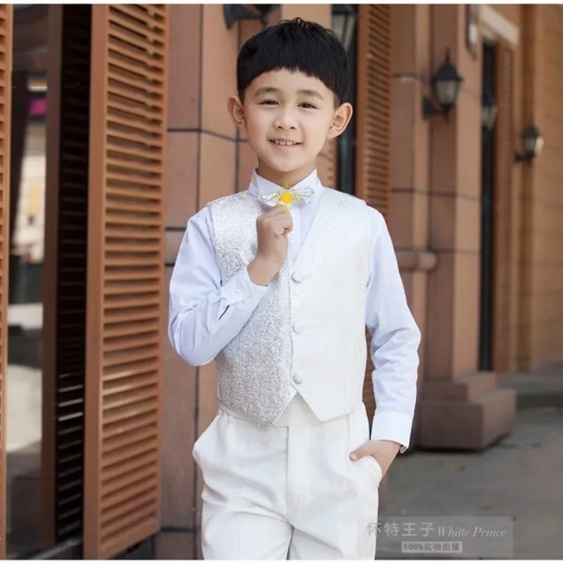 Elegant Fashion Children White Tuxedo Set Costume Birthday Fashion Casual Brand Formal Boy Wedding Suits Blazers 5PCS Set