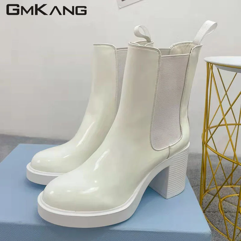 2023 New Chunky Heels Short Boots Woman Genuine Leather Round Toe Chelsea Boots Ladies High Heels Ankle Boots Women Booties