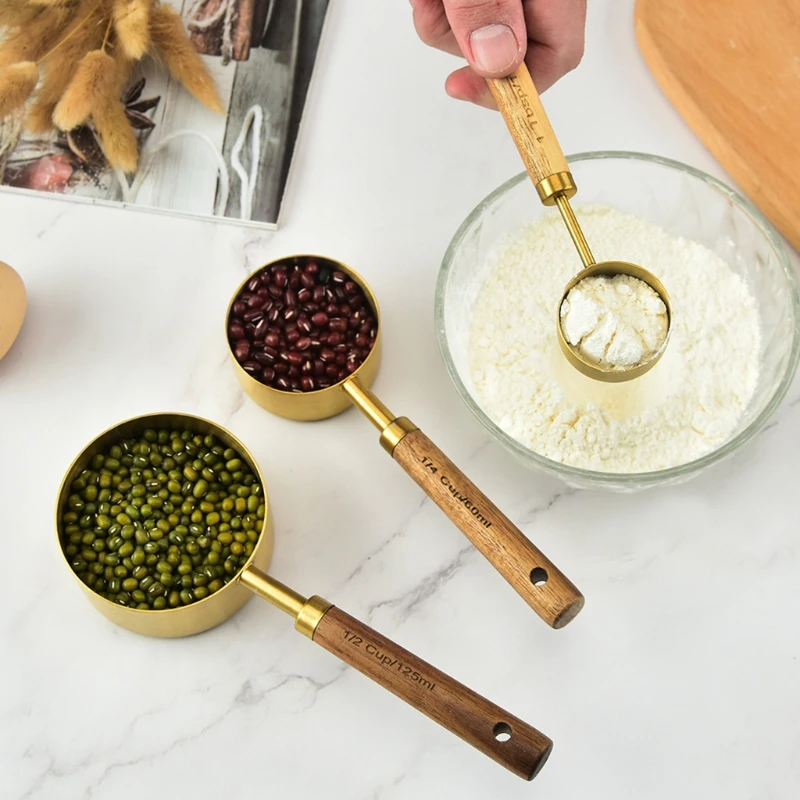 Stainless Steel Measuring Spoons With Scale Wooden Handle Household Kitchen Dining Bar Baking Tools Measuring Cups 4/8pcs