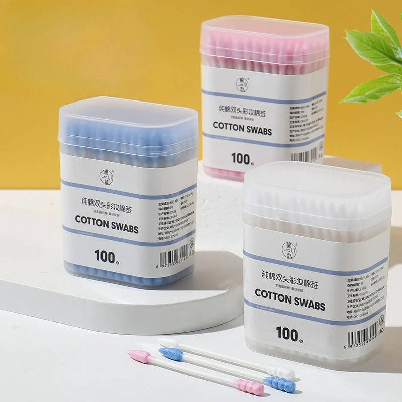 100Pcs Per Box Color Makeup Remover Eyeliner Cleaner Double-ended Spiral Pointed Cotton Swabs