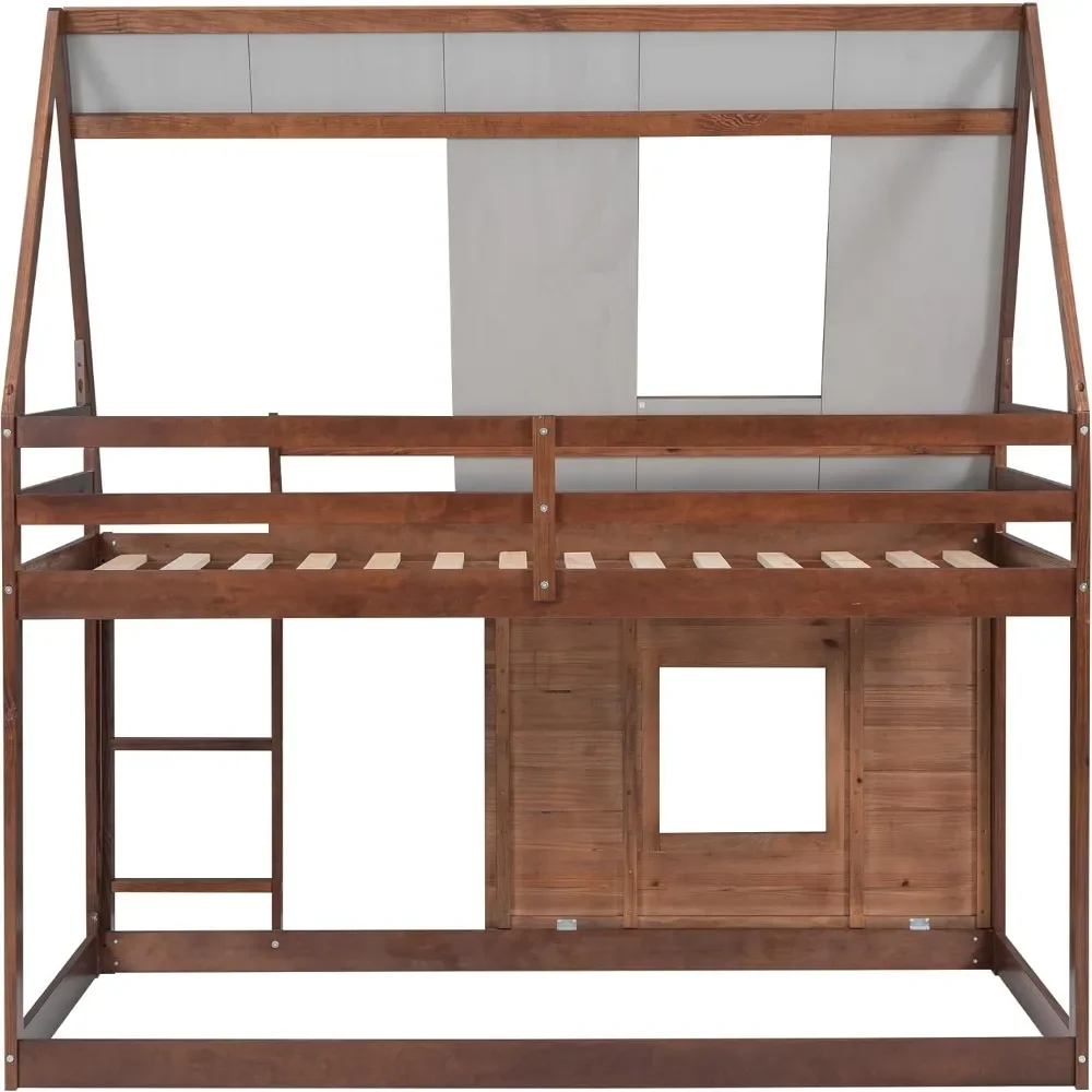 Twin Over Twin House Bunk Bed with Roof and Built-in Ladder Low Bunk Beds for Kids Teens  Toddler  Bunk Beds for Kids 4