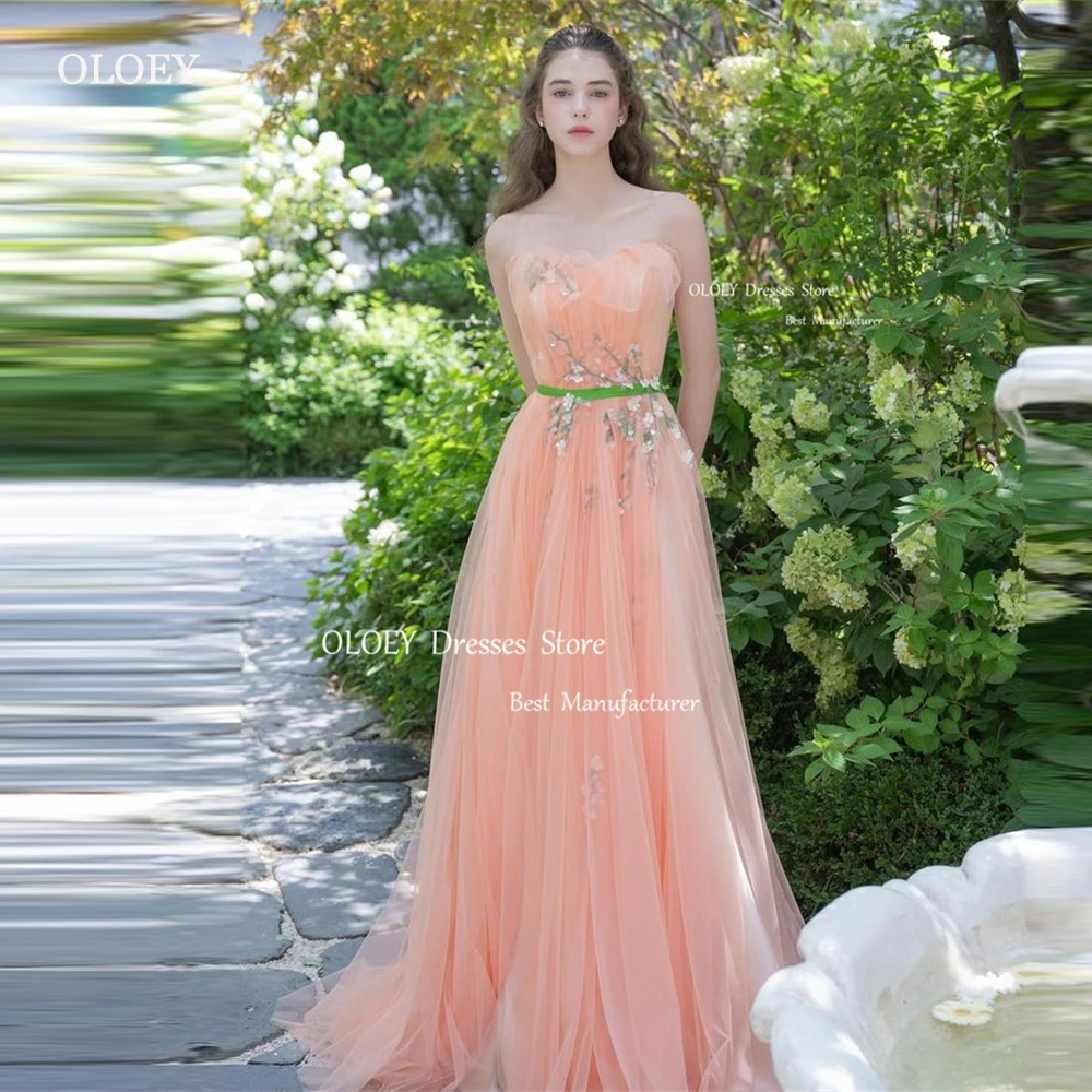 

OLOEY Elegant Blush Tulle A Line Evening Dresses Wedding Photoshoot Floral Floor Length Garden Prom Gowns Formal Party Dress