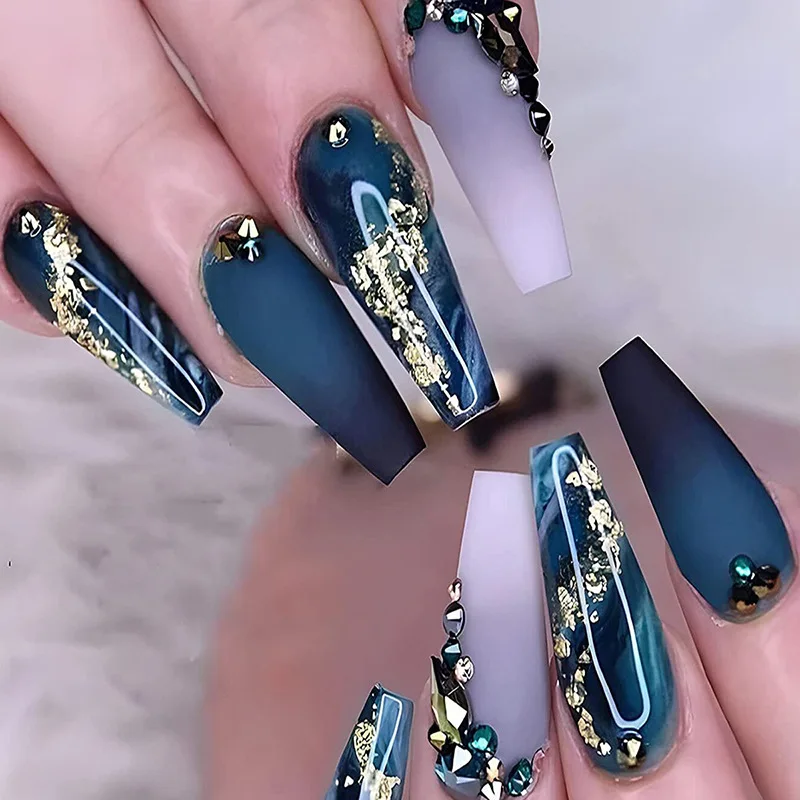 

3D fake nails accessories dark blue marble design with gold foils design long french coffin tips faux ongles press on false nail