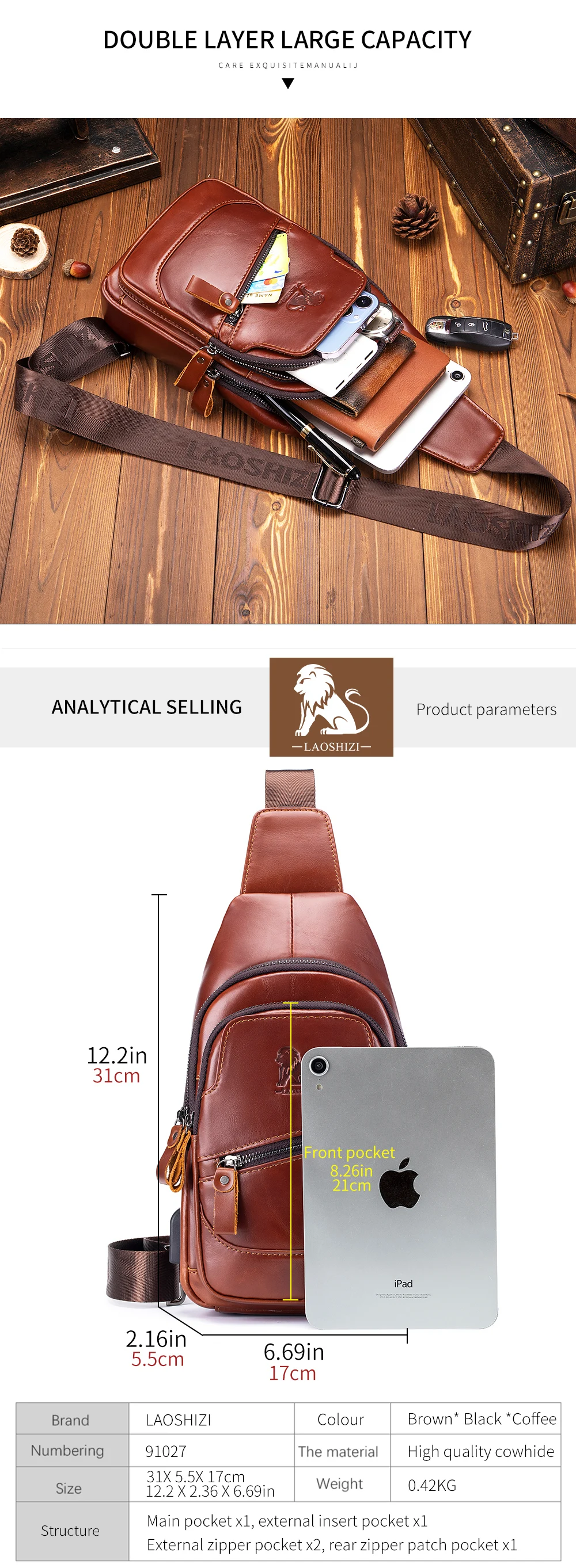 Rindsleder Brusttasche für Herren lässige Herren Umhängetasche USB Top Layer Rindsleder Front Umhängetasche – Detail 7