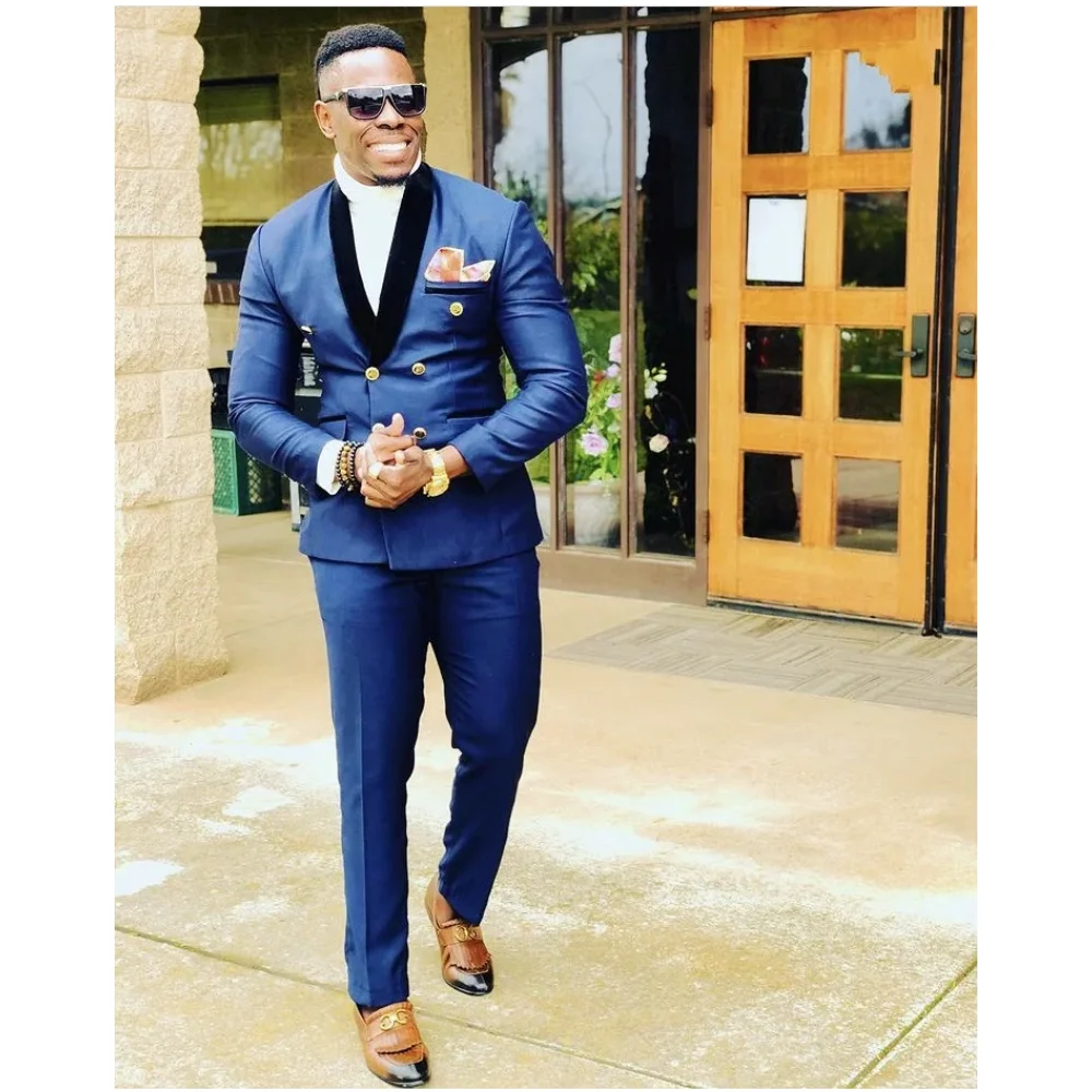 

Костюм мужской двубортный, смокинг для жениха, свадебная одежда с лацканами, облегающий костюм синего цвета, 2 предмета (пиджак и брюки)