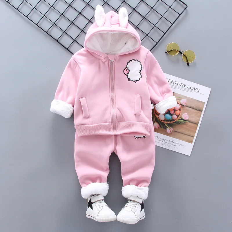 warm Baby Clothing Set Autumn Winter Baby Suit Baby Boy Plus Velvet Thick Warm 2-piece Set Baby Girl Cute Cartoon Lamb Casual Hooded Suit Baby Clothes Baby Clothing Set Baby Clothing Set