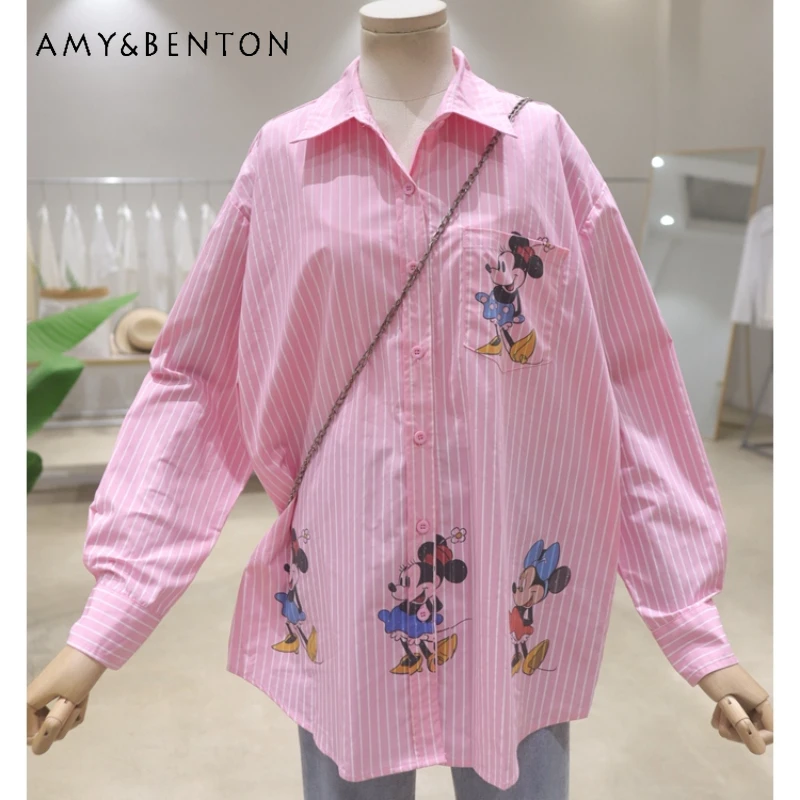 

Potdemiel Sweet Cute Striped Cartoon Print 2024 Spring Summer Loose Slimming Mid-Length Cotton Long-Sleeved Shirt Women's Blusas