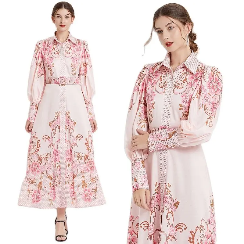 Retro-Floral-Pink-Maxi-Shirt-Dress-with-Belt-for-Women-Long-Sleeve ...