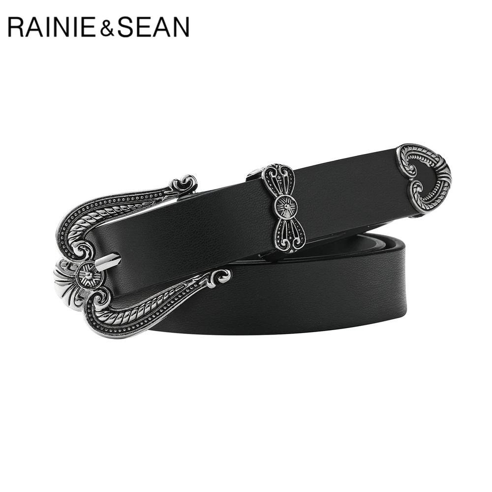 RAINIE SEAN Punk Women Belt Black Chain Decoration Belts for Women Pin Buckle Pu Leather Ladies Waist Belt 108cm