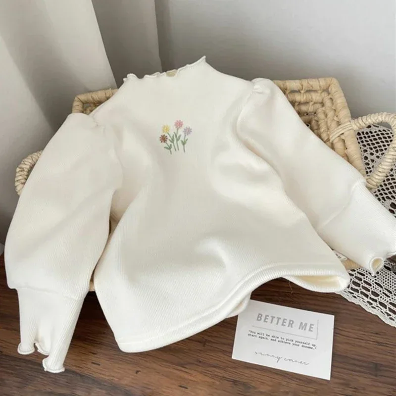 Baby Girls Top Winter Kids Warm Thickening Sweater Children Puff Sleeve Flower Embroidery Bottom Shirt 1-6 Years Casual Clothing 3