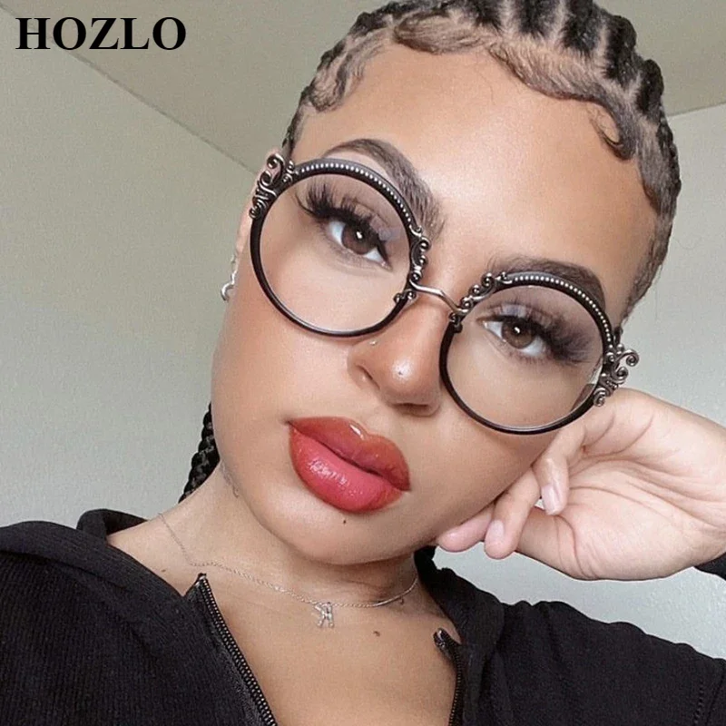 

European American Color Match Carved Round Metal Glasses Frame Women Anti Blue Light Eyeglasses Custom Prescription Spectacles