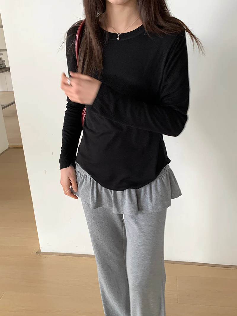 Spring women's casual solid color round neck long sleeved T-shirt 5