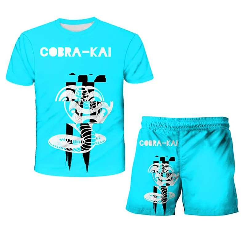 exercise clothing sets	 Summer Cobra Kai T-shirt Boys Girls Sets Top+Shorts 2pcs Sets Sport Suit Kids Clothes Thai Venomous Snake Cobra Kai Suit children's summer clothes