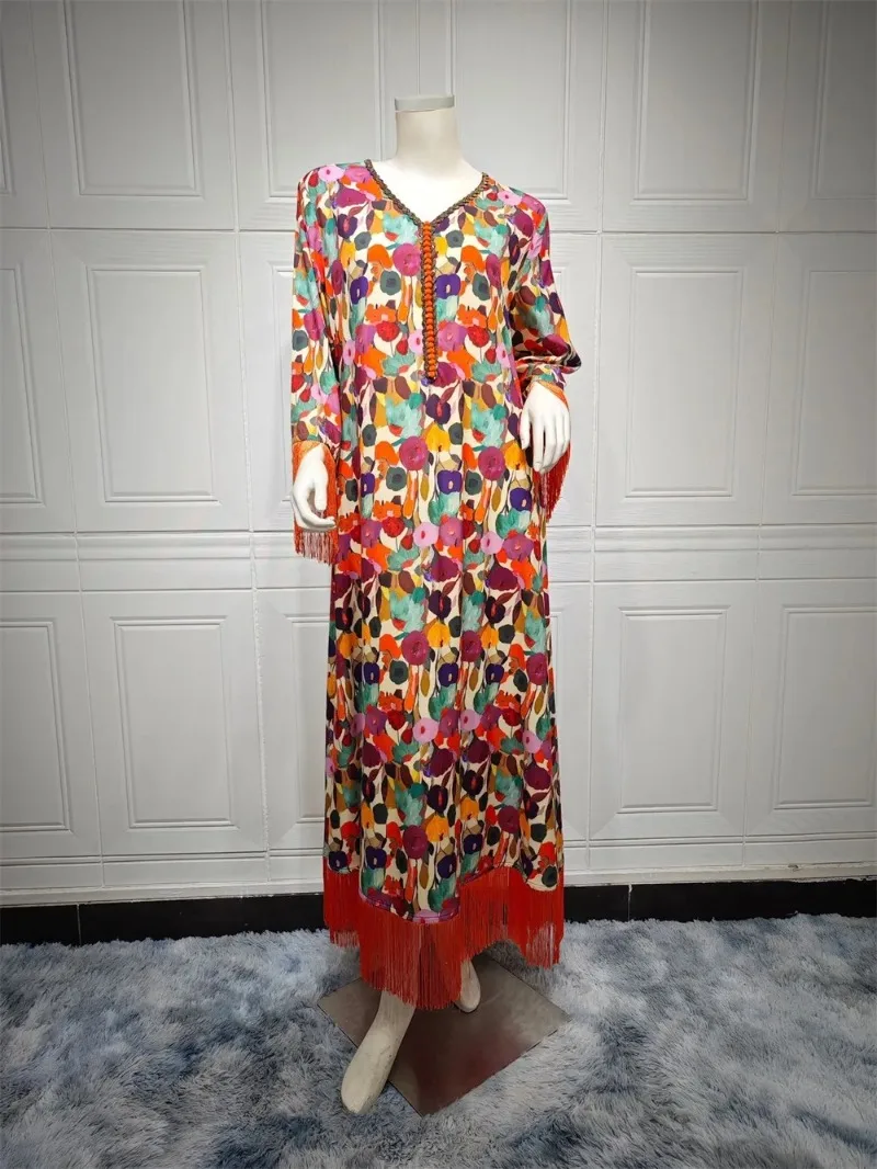 Ramadan Abayah For Women Arabic Chic Tassel Diamonds Muslim Clothing Jalabiyat Printing Full Sleeve Dubai Africano Robe