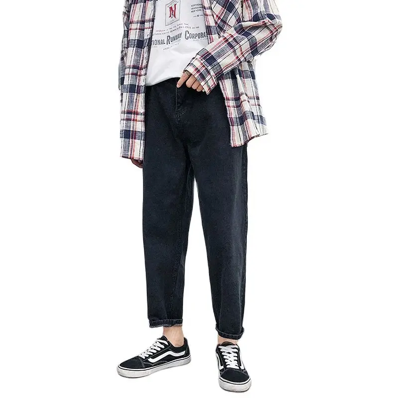 Summer Korean Style 2022 Brand Straight Jeans Male Teenagers Handsome Trendy Grey And Black Loose Ankle Length Casual Pants