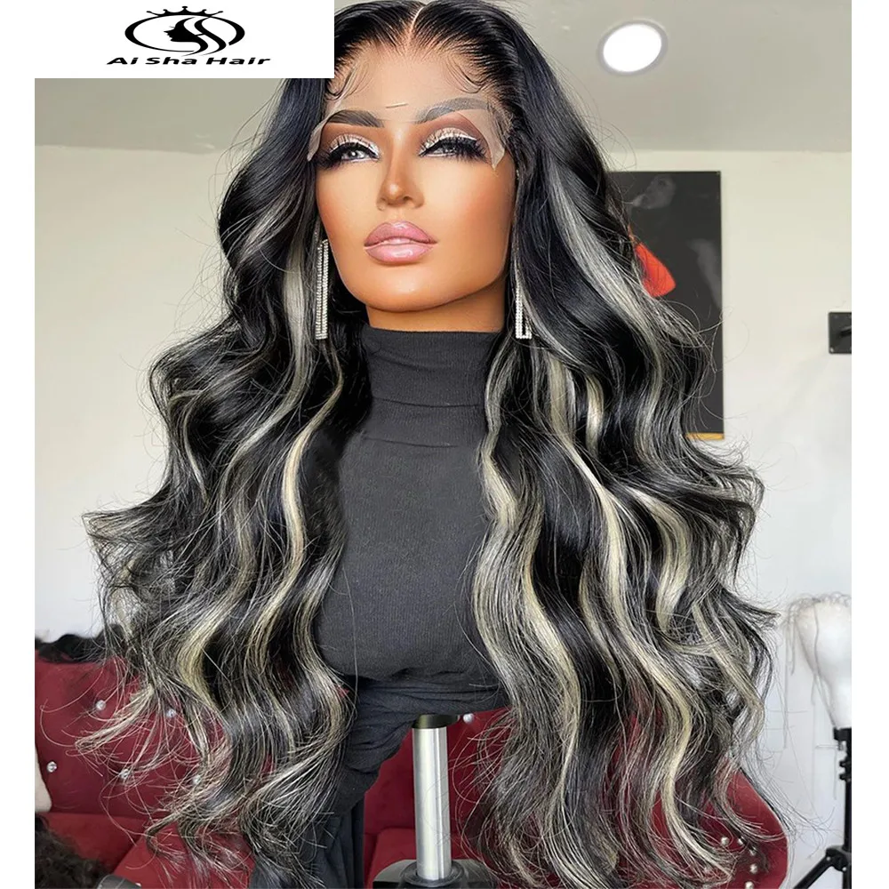 

1B/613 Highlights Lace Wig 180% Density 100% Human Hair Wigs Pre Plucked Bleached Knots Aisha Remy Lace Wig 13x6 Ombre Hair Wigs