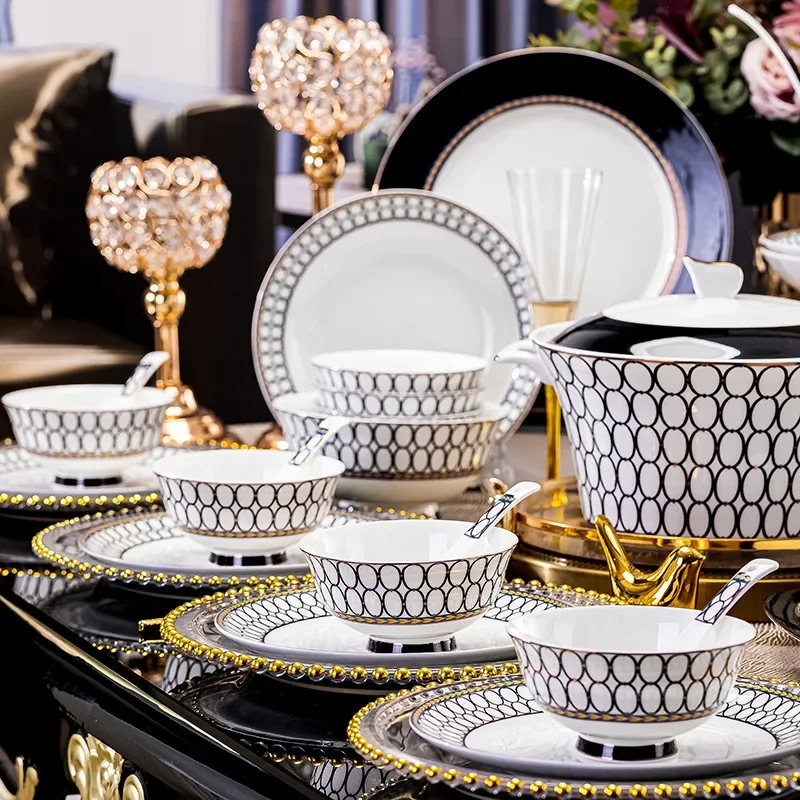 High-quality ceramic tableware set Household high-end bone china tableware set 60 pieces Full of gifts