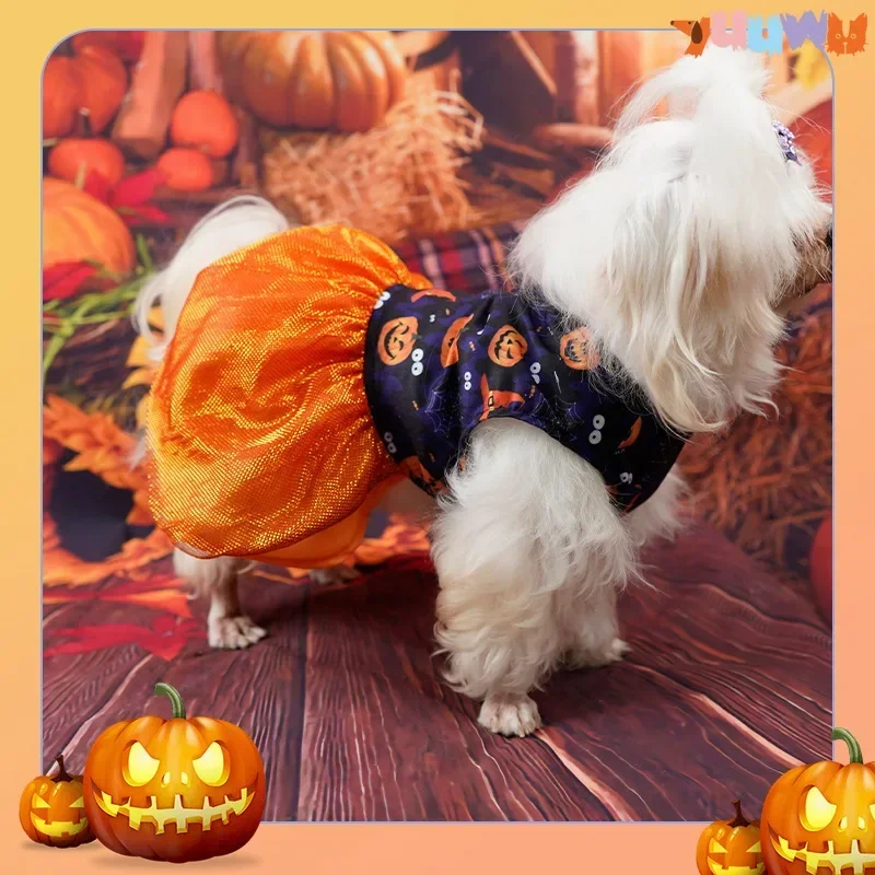 

Halloween Dog Clothes Funny Pet Dress Pumpkin Print Dress Chihuahua Yorkie Bow Mesh Dress Pet Party Clothing Cat Dog Costume