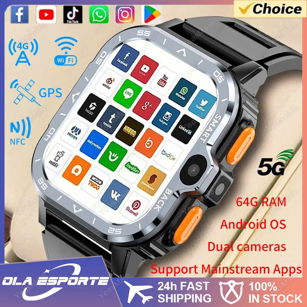 SmartWatch 4G LTE GPS Wifi SIM 카드 NFC 듀얼 카메라 견고한 16G 64G ROM 저장 Google Play IP67 심박수 안드로이드 스마트 시계