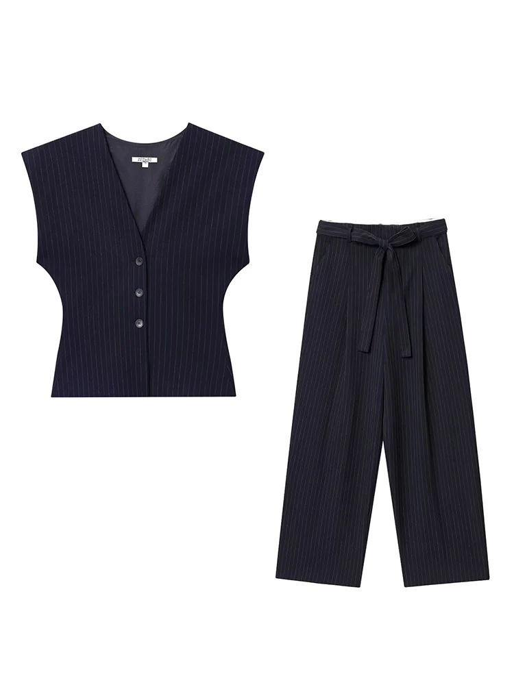 Elegant Chic Belt Pant Set With Women V-Neck Slim Sleeveless Vest Straight Pants 2025 Autumn Fashion Leisure Commute Lady Set