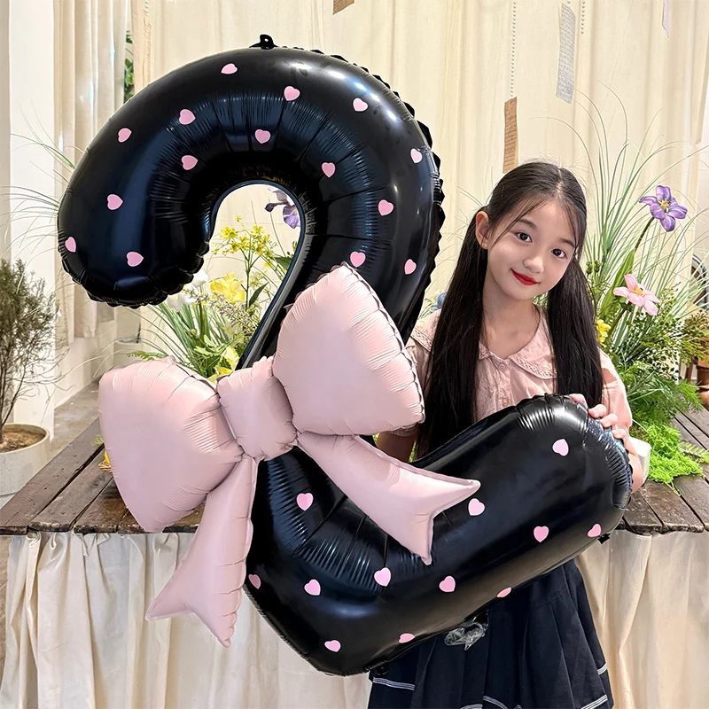 بالونات فويل بأرقام سوداء مقاس 40 بوصة مع بالون فيونكة وردية لعيد الميلاد يمكنك صنعها بنفسك هدية لحفلات استقبال المولود الجديد