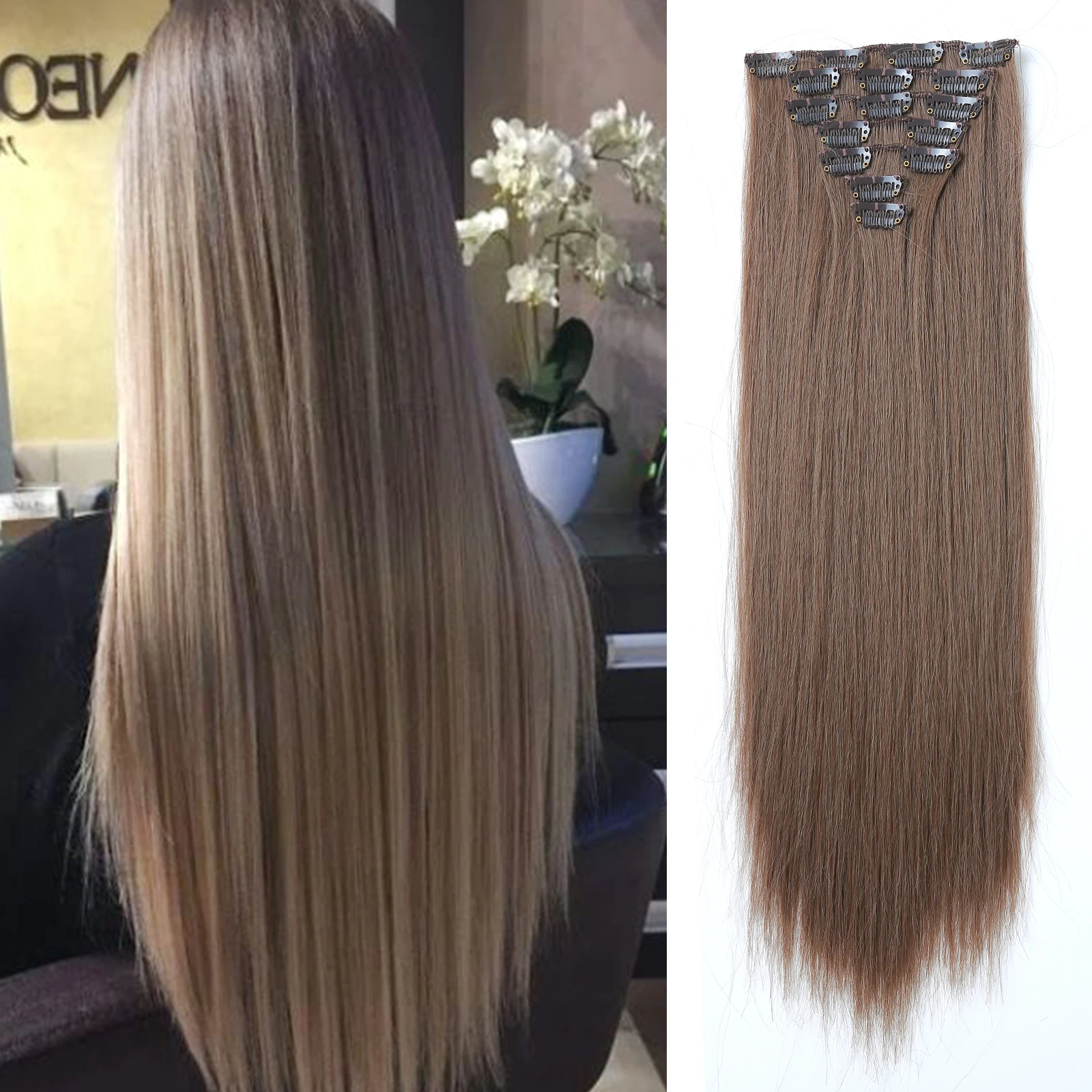 

HAIRCUBE Synthetic 16 Clips In Hair Extensions Light Brown Long Straight Hairstyles Heat Resistant Hairpiece For Women Fake Hair