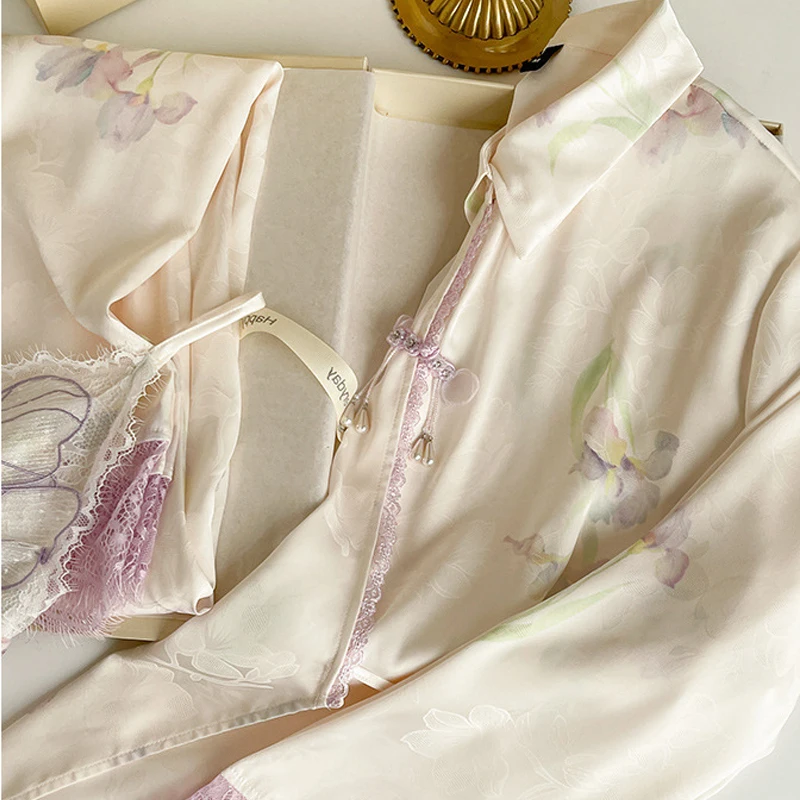 Spring Autumn Satin Pajamas Women's New Sleepwear 3PCS Sexy Lace Printed Home Clothes Suspender Sling Long Sleeved Pants Pijamas