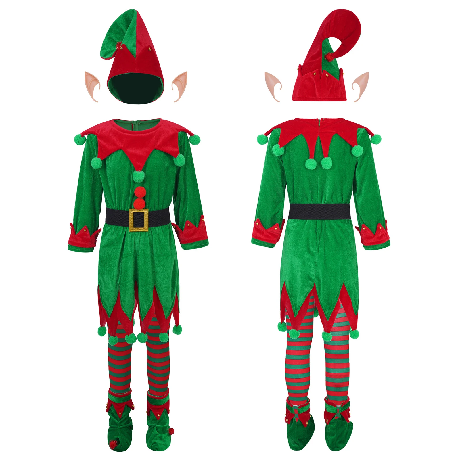 

Kids Elf Christmas Costume Xmas Santa Clause Dress with Ears Hat Belt Shoes Covers Striped Stockings New Year Cosplay Dress Up